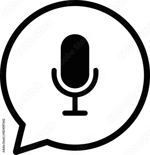 Microphone symbol inside white speech bubble. Audio voice record or message icon. Podcast concept. Vector illustration for application, website, graphic