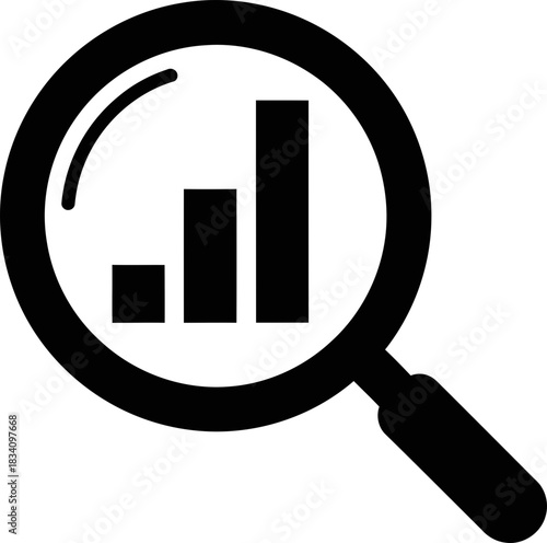 Magnifying glass and bar chart icon. Data analysis, growth, search, and business research concept. Vector symbol for website, app, or presentation