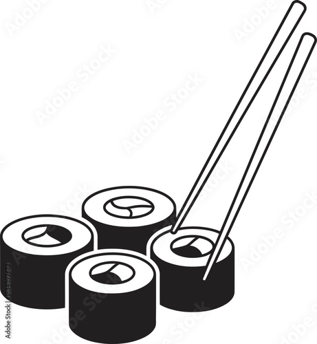 Minimalist black and white sushi roll set with chopstick. Japanese food and oriental cuisine concept. Vector icon illustration for menu, web, app