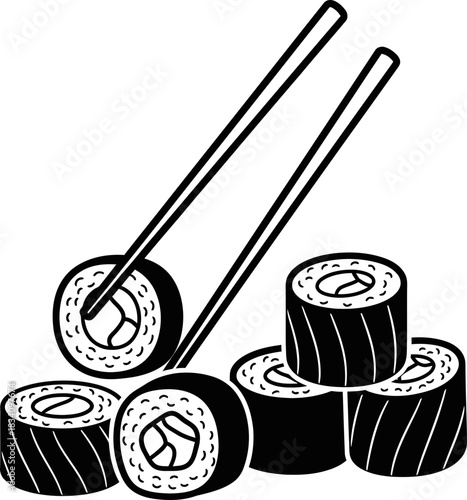 Sushi roll and chopstick. Minimalist linear food icon. Asian cuisine for restaurant menu design. Vector illustration