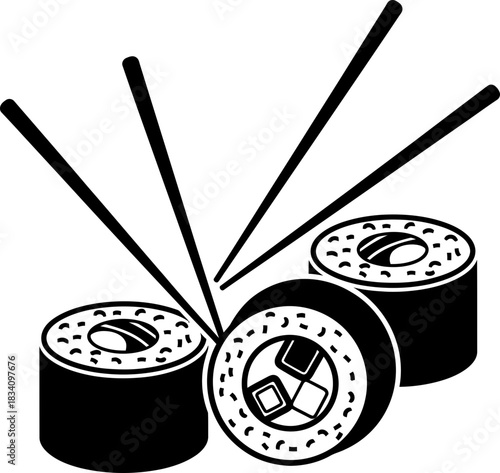 Sushi roll and chopstick serving oriental food. Asian cuisine meal in flat isolated black and white icon. Vector illustration for menu, restaurant, sign