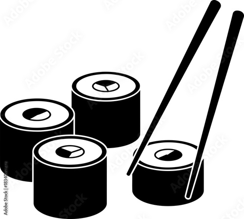 Sushi roll and chopstick silhouette icon isolated. Japanese cuisine food. Asian restaurant menu design. Vector illustration symbol