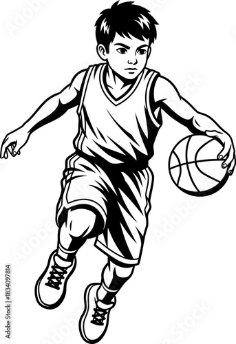 Little boy dribbles basketball, playing sport game. Youth activity illustration, isolated on white background. Vector graphic