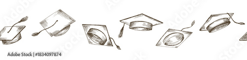 Seamless border with graduate hats. Hand drawn vector illustrations, vintage sketch