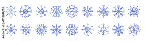 Set of chalk textured snowflakes in a soft crayon style. Winter decorative frosty elements with rough grainy lines, perfect for festive designs, Christmas graphics, stickers and holiday prints.