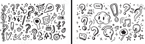Question mark icons, idea doodle vector, creativity concept illustration, problem solving artwork, brainstorming design pattern, educational concept art, curiosity sketch icons, understanding idea wal