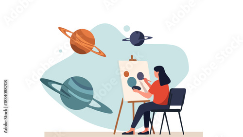 Woman Painting Planets on Canvas Artistic Creativity and Cosmic Inspiration
