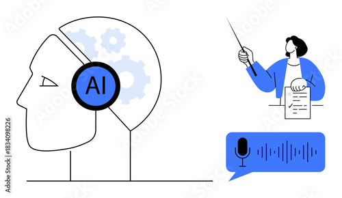 Human guiding voice-to-text AI system with head profile, gears, microphone, sound waves. Ideal for technology, machine learning, communication, voice commands, automation education innovation