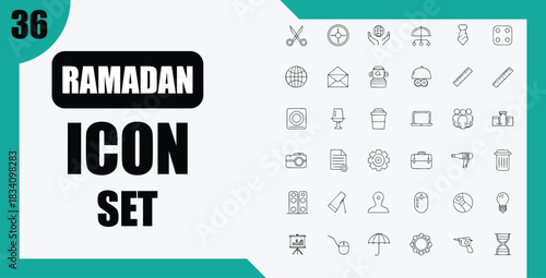 A ramadan icon set with various line drawings on transparent background silhouette
