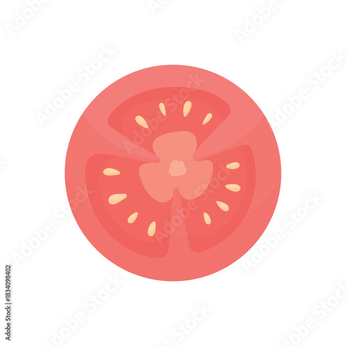 A slice of round red tomato on a white background. Chopped vegetables. Vegetables for salads and dishes. Culinary ingredients.