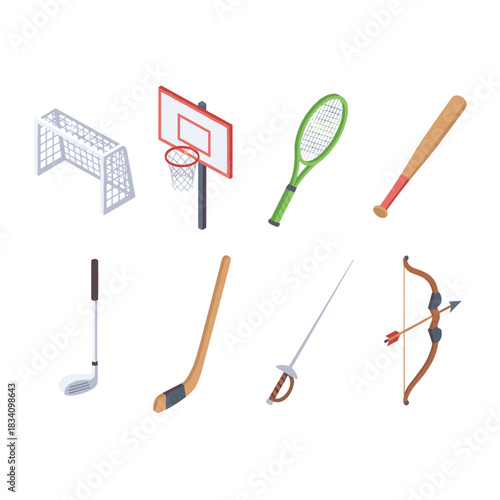 Sports equipment isometric icons set