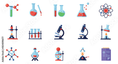 Flat science lab icons: experiments and equipment for chemistry and physics