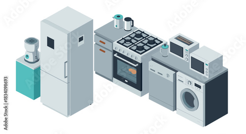 Modern isometric kitchen appliances set with refrigerator, stove, and more