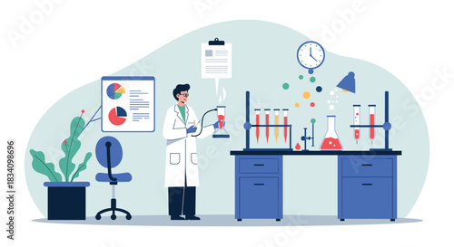 Scientist in laboratory conducting experiments with test tubes and beakers in flat design