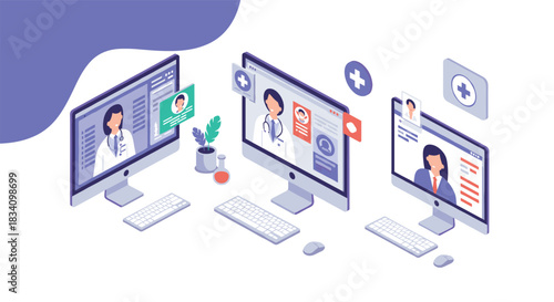 Isometric online medical consultation scene with remote doctor interaction on desktop computers