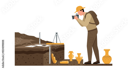 Archaeologist documenting excavation site with camera and artifacts around