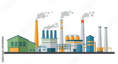 Industrial facility with chimneys emitting smoke in a flat design