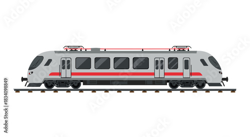 Modern passenger train side view with red accents and flat design on white background