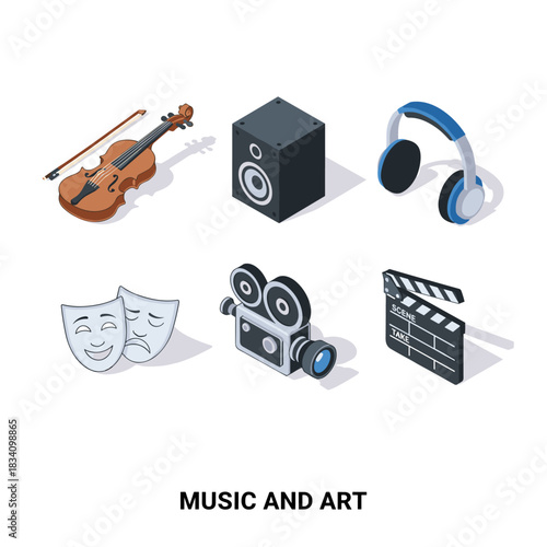 Music and art isometric icons set