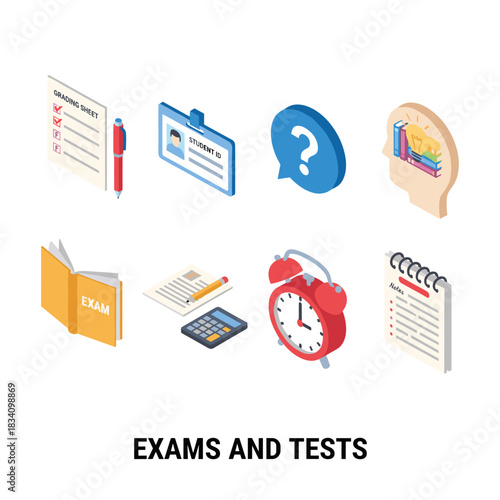 Exams and tests isometric icons set