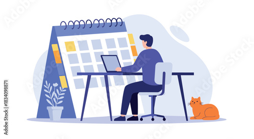 Office worker at desk with laptop and calendar in modern workspace