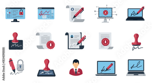 Digital signature and document management icons in flat style for online security