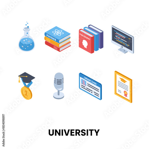 University academic isometric icons set
