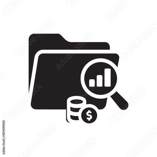 Financial data analysis folder icon with magnifying glass and money coins black and white business finance vector illustration