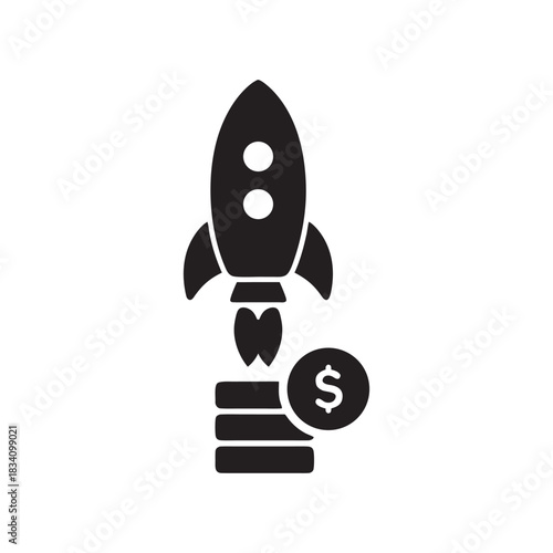 Black and white startup rocket launch with dollar coin and growing profit stack icon for business and finance