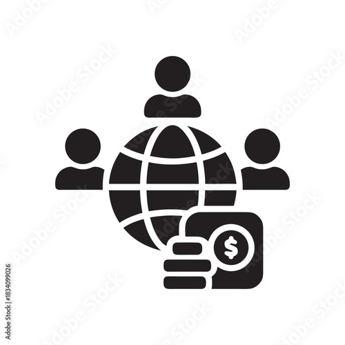 Global business finance network icon with people around world and money coins black and white vector illustration