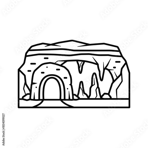 Line Art Drawing of a Cave Entrance with Stalactites and Stalagmites