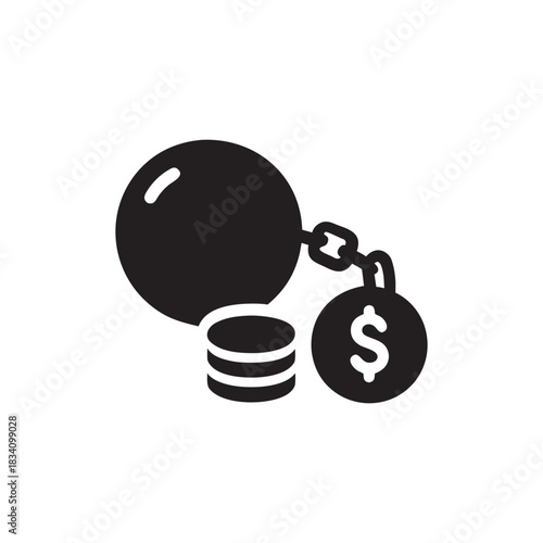 Black and white vector illustration of financial debt burden with ball and chain and money coins symbol for business and finance
