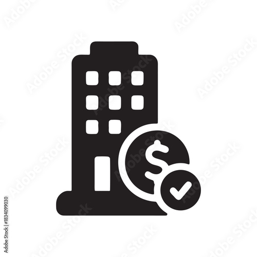 Business building with dollar sign and check mark icon black and white vector for finance investment and banking