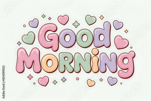 Delightful Good Morning greeting with whimsical pastel bubble letters and cute heart accents, perfect for cheerful social media posts and uplifting morning messages
