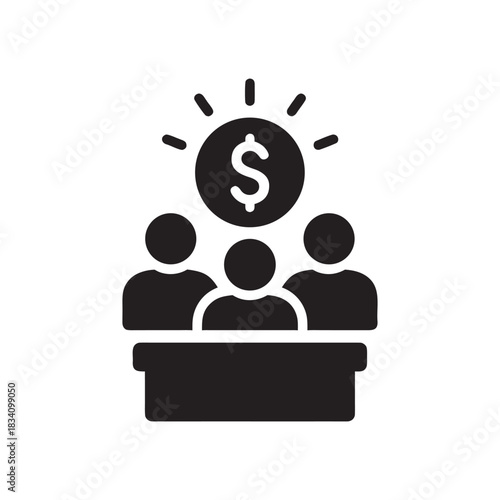 Business team meeting with dollar symbol financial success concept black and white vector icon