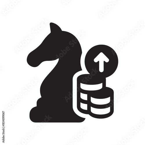 Black and white business strategy chess knight with growing profit coins and upward arrow icon