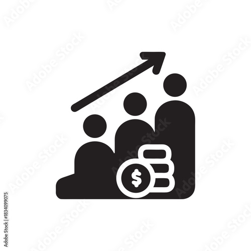 Business team growth and financial profit increase icon black and white vector