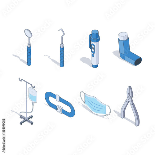 Medical tools and equipment isometric icons set
