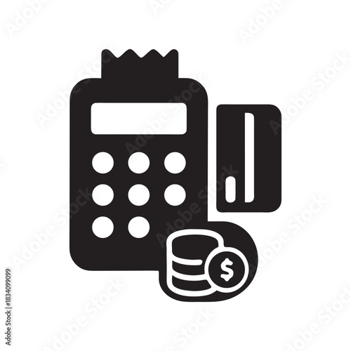 Black and white vector icon of POS terminal with credit card and coins for business finance and payment processing
