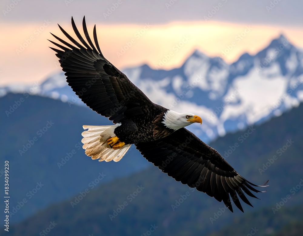 Obraz premium Eagle soaring majestically, wings spread, with snow-capped mountains in the blurred background at sunset