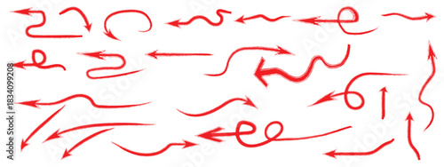Various red brush drawn curved arrows. Collection doodle marker thick arrows in different directions. Grunge rough direction shape for design. Vector brush strokes,Red pencil arrow doodles