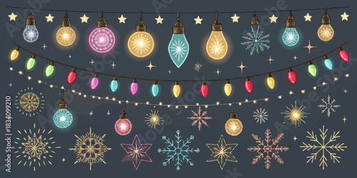 A detailed and decorative Christmas lights vector pack featuring glowing bulbs, smooth curved strings, soft gradients, and festive patterns in multiple shapes and styles.