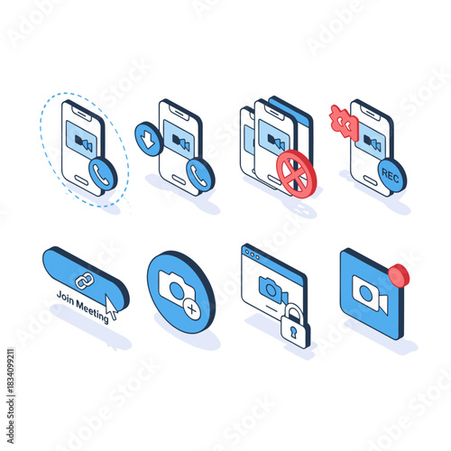 Video conferencing isometric icons set