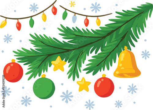 Pine Branch and Holiday Ornament Cluster