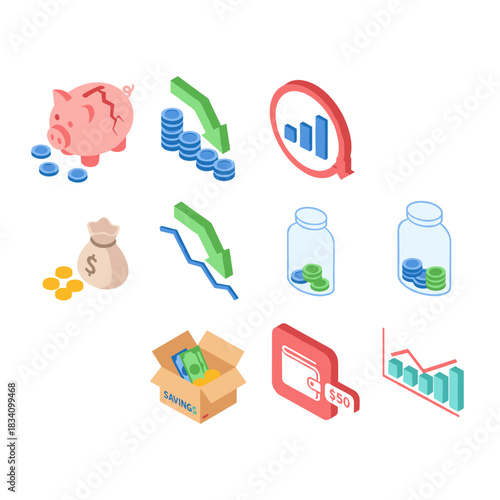 Financial crisis and savings decline icons set