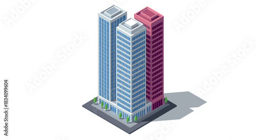 Isometric cityscape with modern high-rise buildings and shadow effect