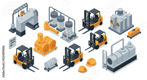Industrial equipment set with forklifts and machinery in isometric design