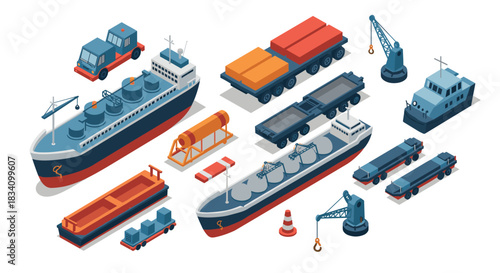 Isometric cargo transportation scene with ships, cranes, and trucks in a shipping dock