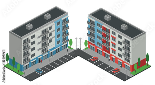 Modern isometric urban apartment buildings with parking and green spaces