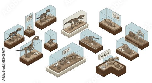 Isometric dinosaur exhibits: fossil displays and skeleton showcases in museum settings